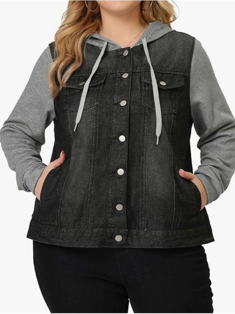 Plus Size Hooded Mixed-Media Denim Jacket in Charcoal Gray